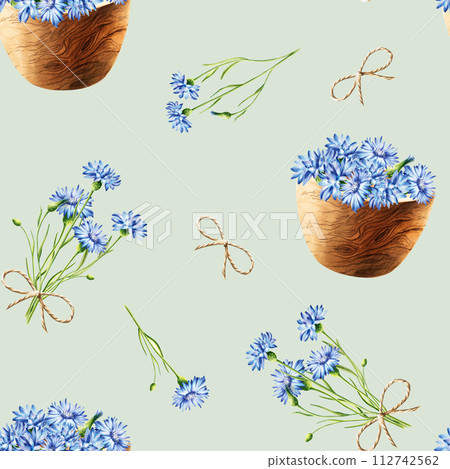 Watercolor seamless pattern with wooden mortars with cornflowers and twine bows isolated on white background. Beauty products and botany elements, cosmetology and medicine. For designers, spa Watercolor seamless pattern with wooden mortars with cornflowers and twine bows isolated on white background. Beauty products and botany elements, cosmetology and medicine. For designers, spa 112742562