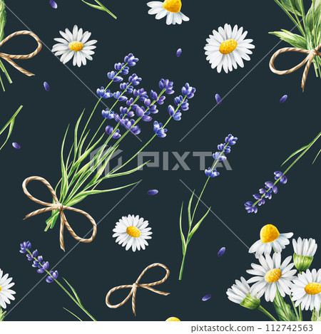 Watercolor seamless pattern with lavender and chamomiles illustration isolated on background. Detail of beauty products and botany set, cosmetology and medicine. For designers, spa decoration 112742563