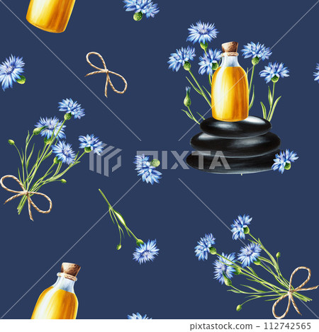 Watercolor seamless pattern with oil glass bottle with cork cap and cornflowers on spa zen stones pyramid isolated on white background. Beauty products and botany elements, cosmetology and medicine Watercolor seamless pattern with oil glass bottle with cork cap and cornflowers on spa zen stones pyramid isolated on white background. Beauty products and botany elements, cosmetology and medicine 112742565