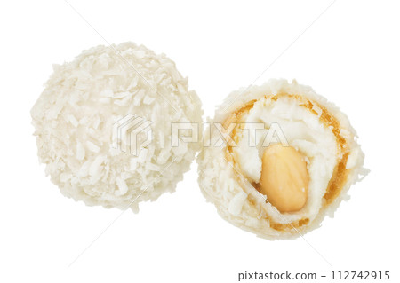 round candy raffaello with coconut flakes and nut isolated on white background. Top view. Flat lay. 112742915