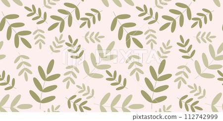Green Flat Leaves Seamless Pattern. Endless Vector Background. Cartoon Botany Illustration, Floral Nature Template for Textile, Fabric, Wrapping paper, Covering, Wallpaper. Decorative Backdrop. 112742999