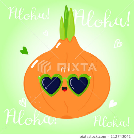 Cute funny Onion character. Vector hand drawn cartoon kawaii character illustration icon. Isolated on green background. Onion character concept. Aloha card 112743041