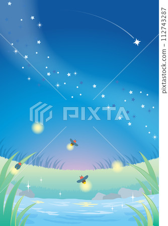 Night scenery of the riverside with the Milky Way and fireflies flying (vertical) 112743287