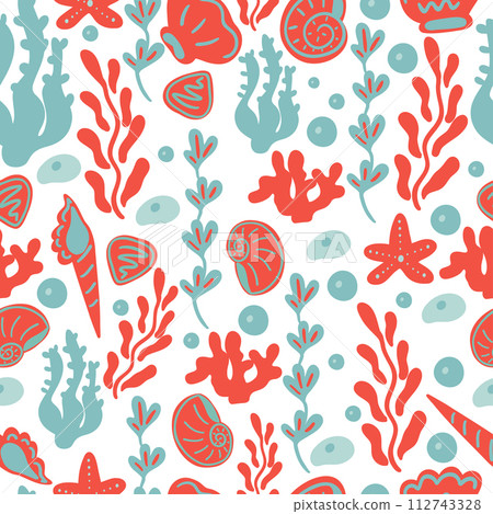 Shells sea stars seaweed seamless pattern Shells sea stars seaweed seamless pattern 112743328