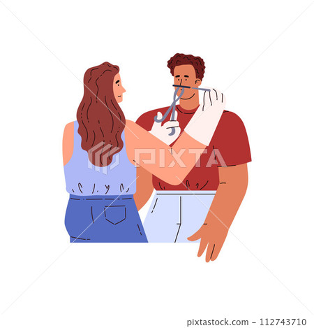 Woman master making nose piercing to boy flat style, vector illustration 112743710
