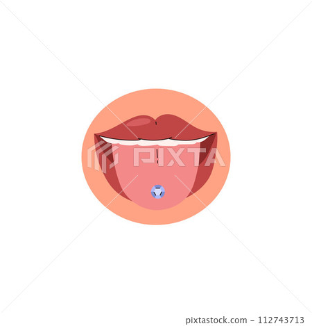 Tongue piercing demonstration, round shape flat style 112743713
