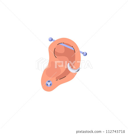 Human ear with piercing icon, vector ear with different types trendy piercing, silver earring and gem stylish accessory Human ear with piercing icon, vector ear with different types trendy piercing, silver earring and gem stylish accessory 112743718