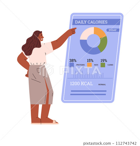 Woman counting calorie using mobile app vector, daily quantity kcal, proteins, fats and carbs diagram, products analysis 112743742