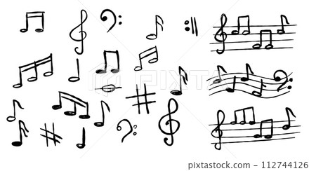 Music note sketch style. Doodle melody symbol set. Creative drawing sign isolated on white. Classic musical element collection 112744126