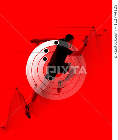 Dynamic image of athletic man in motion, running, training against red background with fitness tracking app element 112744128