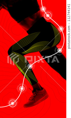 Cropped image of female legs in dynamic pose, athlete in motion running against red background. Marathon poster 112744141