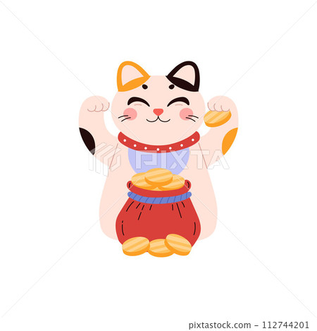 Maneki Neko, Japanese cat with gold coins on an isolated background. 112744201