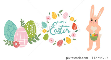 Collection of Easter elements - Easter rabbit, wreath, Easter eggs. Flat vector Illustration in pastel colors isolated on white background for for poster, icon, card, logo, label. Collection of Easter elements - Easter rabbit, wreath, Easter eggs. Flat vector Illustration in pastel colors isolated on white background for for poster, icon, card, logo, label. 112744203
