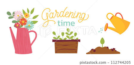 Gardening time set of illustration. Watering can, plants, vegetables, sprout. Spring gardening concept. Vector illustrations on white background for poster, icon, card, logo, label Gardening time set of illustration. Watering can, plants, vegetables, sprout. Spring gardening concept. Vector illustrations on white background for poster, icon, card, logo, label 112744205