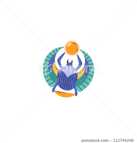 Scarab beetle with decorative wings and sun disc, vector cartoon ancient Egyptian mythology bug beetle creature symbol Scarab beetle with decorative wings and sun disc, vector cartoon ancient Egyptian mythology bug beetle creature symbol 112744206