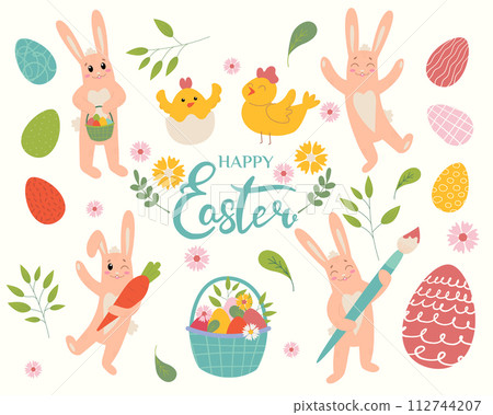 Set of Easter elements. Eggs, chicken, rabbits, flowers, branches, basket. Perfect for holiday decoration and spring greeting cards. Flat vector illustration in pastel colors on beige background. Set of Easter elements. Eggs, chicken, rabbits, flowers, branches, basket. Perfect for holiday decoration and spring greeting cards. Flat vector illustration in pastel colors on beige background. 112744207