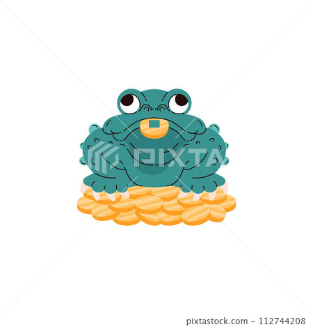 A figurine of a frog sitting on gold coins. Vector image of a green toad holding a gold coin in its mouth. A figurine of a frog sitting on gold coins. Vector image of a green toad holding a gold coin in its mouth. 112744208