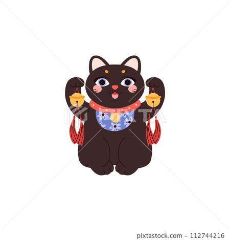 Japanese figurine Maneki Neko black with traditional bells. 112744216