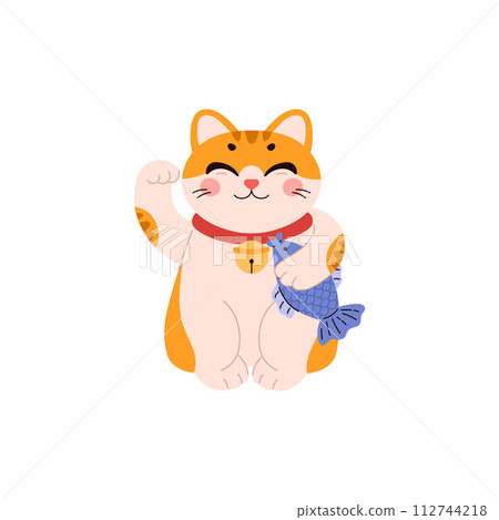 Japanese cat Maneki-Neko with a blue fish, a symbol of wealth. 112744218