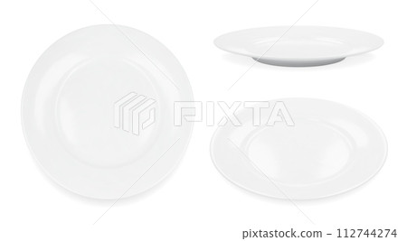 Set of 3 white round empty plates, side view iand top view Set of 3 white round empty plates, side view iand top view 112744274