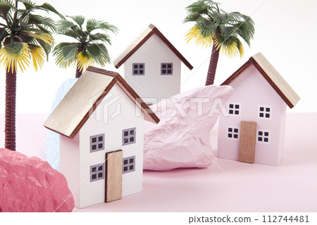 model of miniature beach houses representing a vacation village model of miniature beach houses representing a vacation village 112744481
