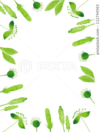 Watercolor silhouettes of green flowers and plants. Rectangular frame for your design 112744563