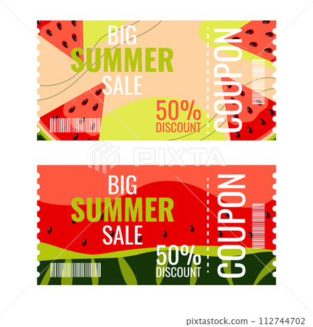Summer discount layout template special sale offer. Decorated with watermelon slices. Bright trendy colors for flyer banner seasonal sale. Vector illustration Summer discount layout template special sale offer. Decorated with watermelon slices. Bright trendy colors for flyer banner seasonal sale. Vector illustration 112744702