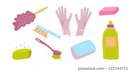 Cleaning service supplies and cleaning product set. Sponge brush gloves pipidastor. Chemicals and equipment for sanitary treatment. For poster cleaning company household chemicals store. Vector. 112744715