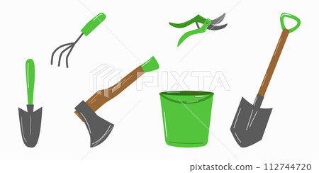Garden tools and accessories set white background. Bucket axe shovel and pruner. For website gardeners store banner. Vector illustration. Garden tools and accessories set white background. Bucket axe shovel and pruner. For website gardeners store banner. Vector illustration. 112744720