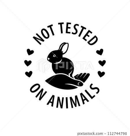 Cruelty free icon. Not tested on animals logo sticker for animal friendly product packaging. Cute little rabbit with text in circle. Vegan eco cosmetics ingredients list. Black and white illustration 112744798