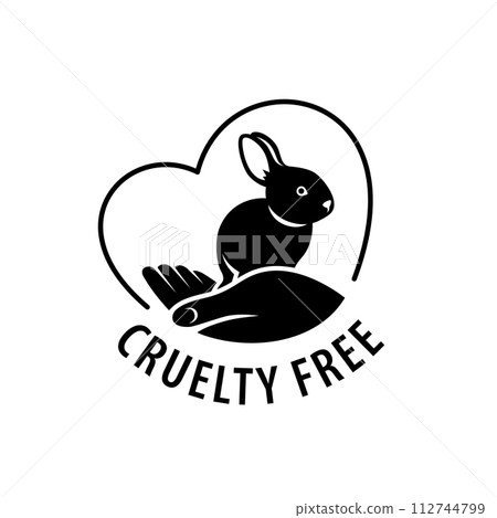 Cruelty free icon. Not tested on animals logo sticker for animal friendly product packaging. Cute little rabbit with text in circle. Vegan eco cosmetics ingredients list. Black and white illustration 112744799