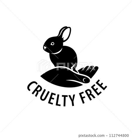 Cruelty free icon. Not tested on animals logo sticker for animal friendly product packaging. Cute little rabbit with text in circle. Vegan eco cosmetics ingredients list. Black and white illustration 112744800