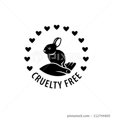 Cruelty free icon. Not tested on animals logo sticker for animal friendly product packaging. Cute little rabbit with text in circle. Vegan eco cosmetics ingredients list. Black and white illustration Cruelty free icon. Not tested on animals logo sticker for animal friendly product packaging. Cute little rabbit with text in circle. Vegan eco cosmetics ingredients list. Black and white illustration 112744805