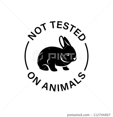 Cruelty free icon. Not tested on animals logo sticker for animal friendly product packaging. Cute little rabbit with text in circle. Vegan eco cosmetics ingredients list. Black and white illustration Cruelty free icon. Not tested on animals logo sticker for animal friendly product packaging. Cute little rabbit with text in circle. Vegan eco cosmetics ingredients list. Black and white illustration 112744807