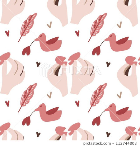 Pattern with a broken heart in hands, a duck with a ball-heart and feathers in pastel colors on a white background 112744808