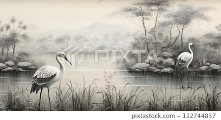 Vintage landscape wallpaper with lake, plants, trees, herons. 112744837