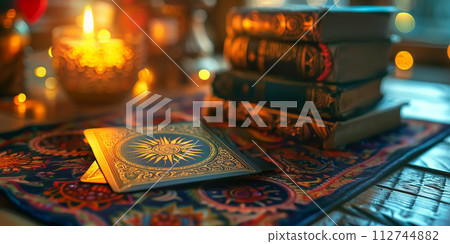 mystical ritual with candles and tarot cards, top view 112744882