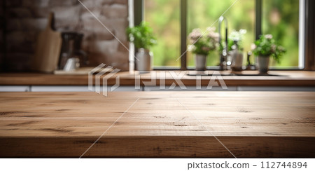 Photorealistic image of a clean wooden table in the kitchen, the sun is shining through the window. 112744894