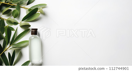 Flat lay, essential oils bottle with eucalyptus branches with space for text 112744901