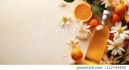 Flat lay, bottle of essential orange oil with space for text 112744936