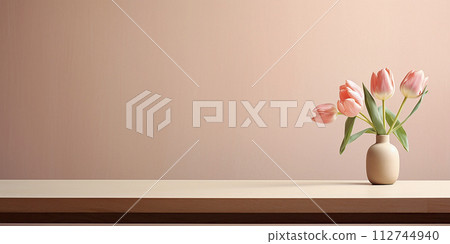 Surface table with vase with tulips. Minimalism 112744940