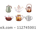 Set different of the teapots of tea, kettle, glass with infuser and with lemon or citrus. Watercolor hand-drawn illustration isolated on white background. Perfect for recipe lists with drinks for cafe 112745001