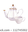 Collection of the teapots and cup of tea. Watercolor hand-drawn illustration isolated on white background. Perfect for recipe lists with drinks, brochures for cafe. Side view. 112745002