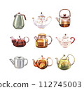 Set different of the teapots of tea, kettle, glass with infuser and with lemon or citrus. Watercolor hand-drawn illustration isolated on white background. Perfect for recipe lists with drinks for cafe 112745003