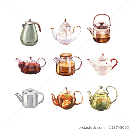 Set different of the teapots of tea, kettle, glass with infuser and with lemon or citrus. Watercolor hand-drawn illustration isolated on white background. Perfect for recipe lists with drinks for cafe 112745003