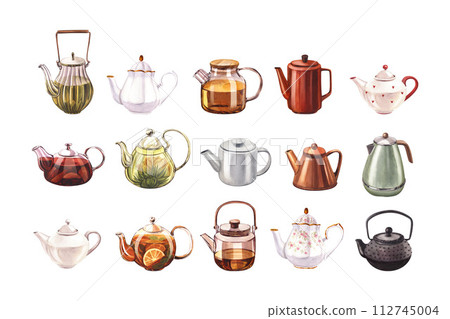 Set different of the teapots of tea, kettle, glass with infuser and with lemon or citrus. Watercolor hand-drawn illustration isolated on white background. Perfect for recipe lists with drinks for cafe Set different of the teapots of tea, kettle, glass with infuser and with lemon or citrus. Watercolor hand-drawn illustration isolated on white background. Perfect for recipe lists with drinks for cafe 112745004