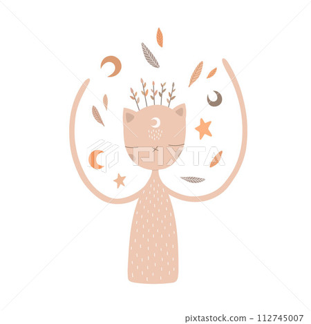 Cute cat with moon and leaves. Abstract cat illustration. Minimalist vector art for printable products, cards. Cute cat with moon and leaves. Abstract cat illustration. Minimalist vector art for printable products, cards. 112745007