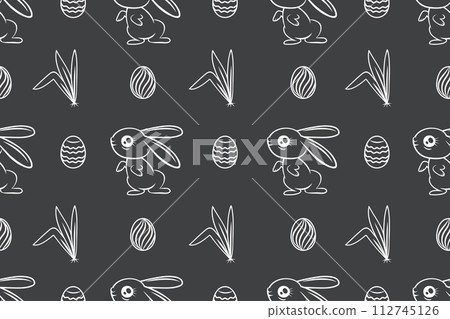 Seamless hand-drawn pattern of rabbits and eggs on a black background Seamless hand-drawn pattern of rabbits and eggs on a black background 112745126