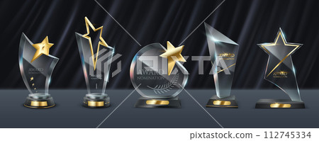 Shining glass trophies with stars vector illustration set 112745334