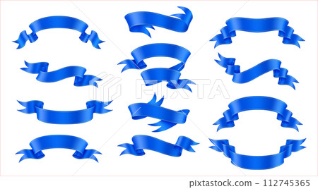 Noble blue satin ribbons realistic vector illustration set 112745365
